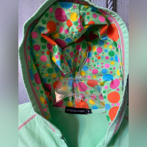 Lime green summer hoodie with various colored polkadot hood - Picture 5 of 6